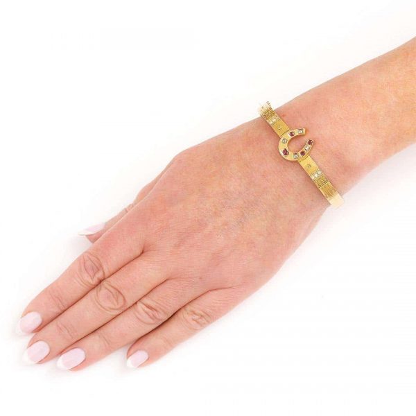 Antique Victorian 15ct Yellow Gold Ruby Diamond and Pearl Etruscan Style Bracelet