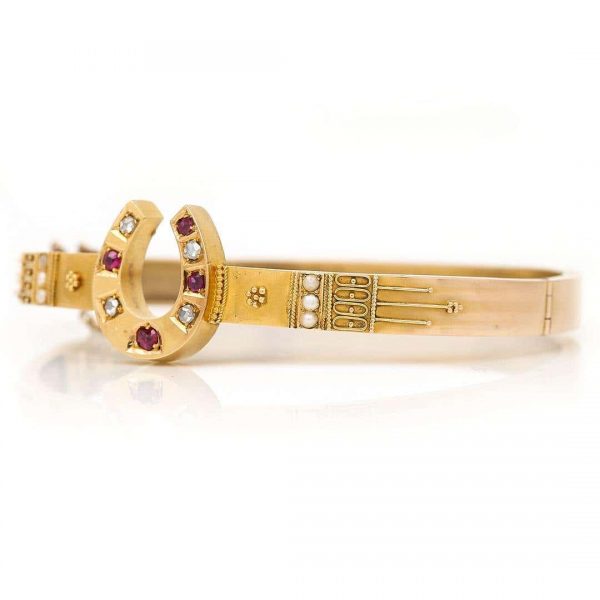 Antique Victorian 15ct Yellow Gold Ruby Diamond and Pearl Etruscan Style Bracelet