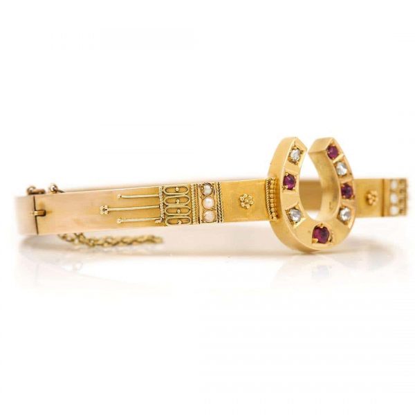 Antique Victorian 15ct Yellow Gold Ruby Diamond and Pearl Etruscan Style Bracelet