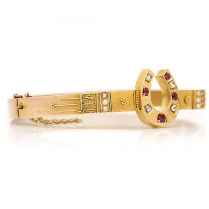 Antique Victorian 15ct Yellow Gold Ruby Diamond and Pearl Etruscan Style Bracelet