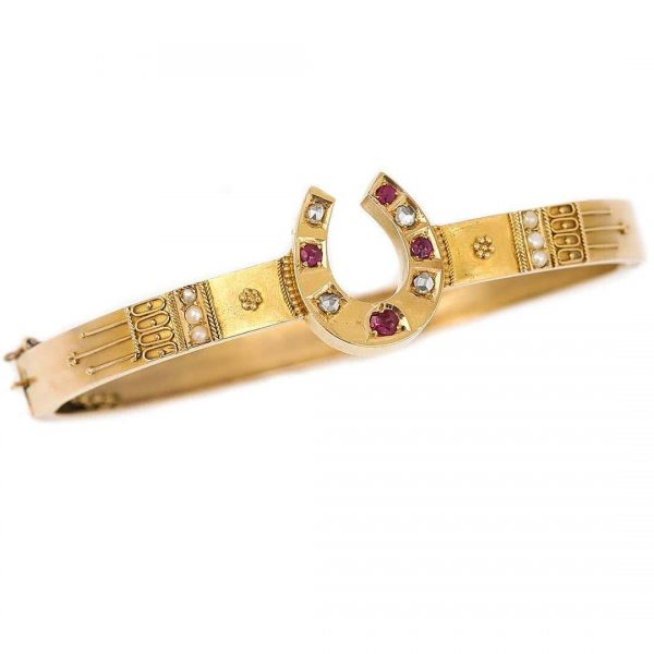 Antique Victorian 15ct Yellow Gold Ruby Diamond and Pearl Etruscan Style Bracelet