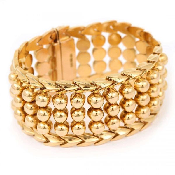Heavy Vintage Italian 18ct Gold Broad Beaded Cuff Bracelet