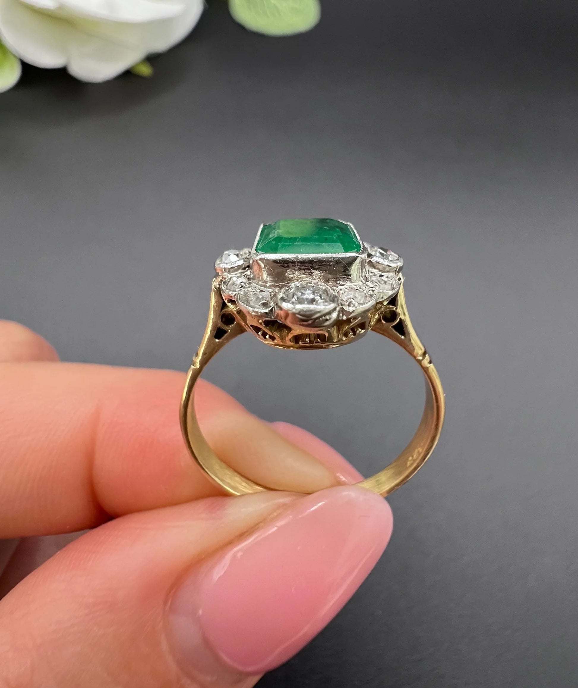 Vintage 18ct Gold, 1940s Emerald & Diamond Cluster Dress Ring