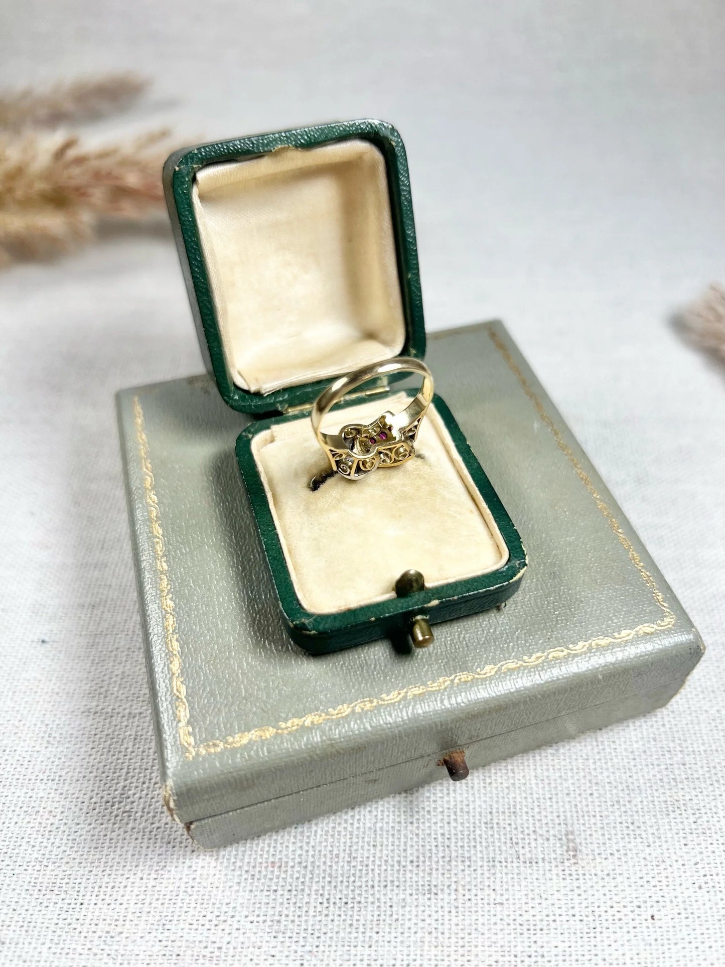 Vintage 1940s, 18ct Yellow & White Gold Ruby Diamond Set Buckle/Belt Cocktail Ring