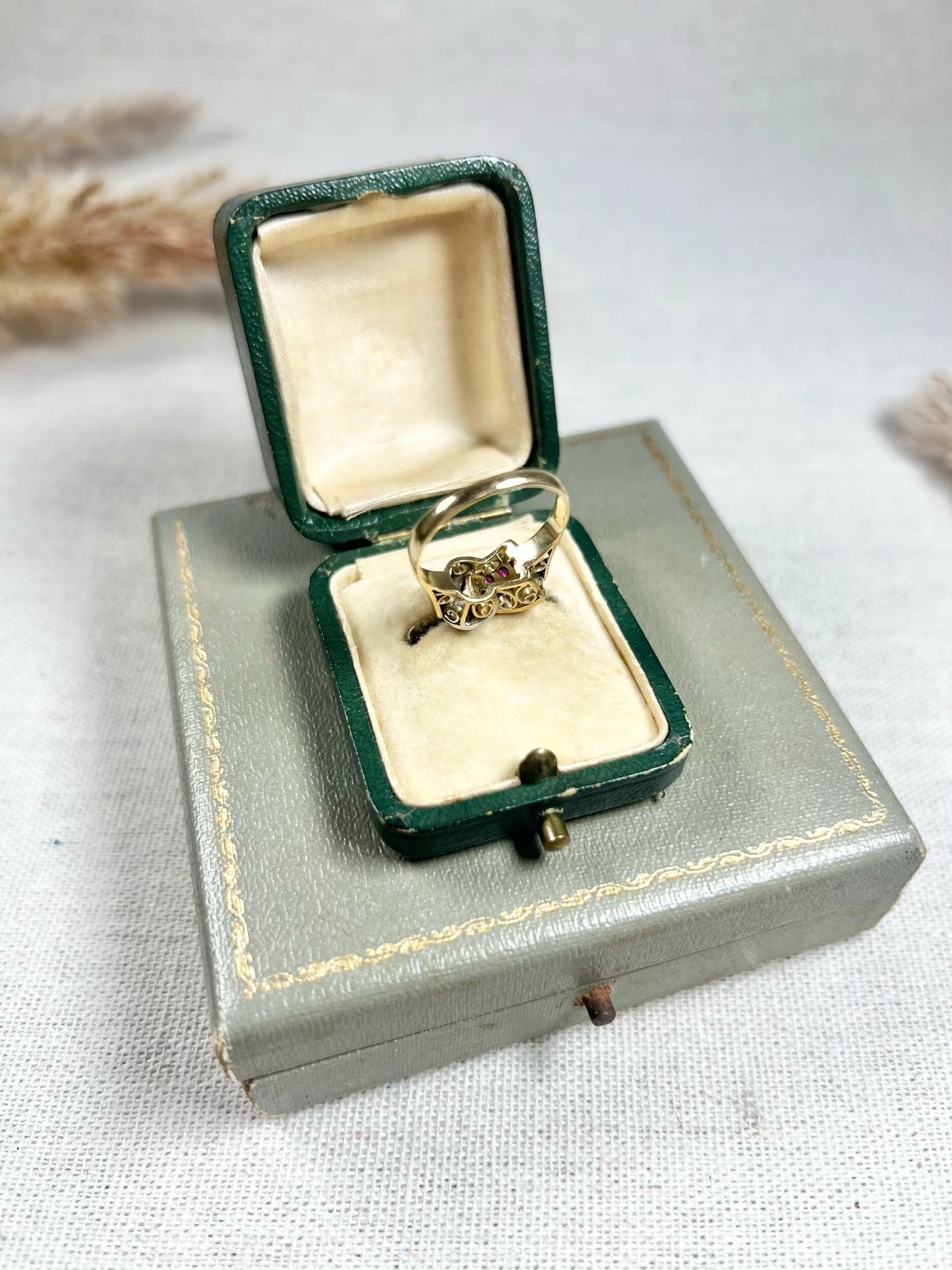 Vintage 1940s, 18ct Yellow & White Gold Ruby Diamond Set Buckle/Belt Cocktail Ring