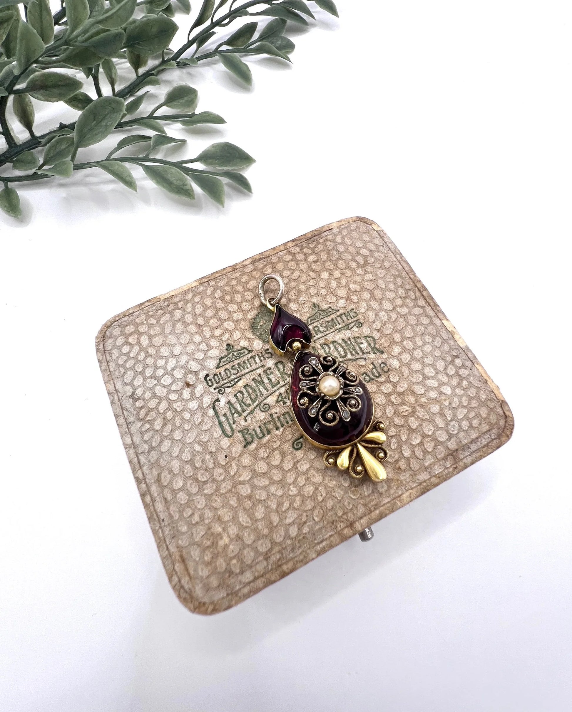 Victorian 15 Carat Gold Cabochon Garnet, Diamond and Seed Pearl Pendant, Circa 1860