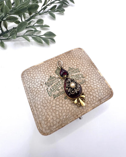Victorian 15 Carat Gold Cabochon Garnet, Diamond and Seed Pearl Pendant, Circa 1860