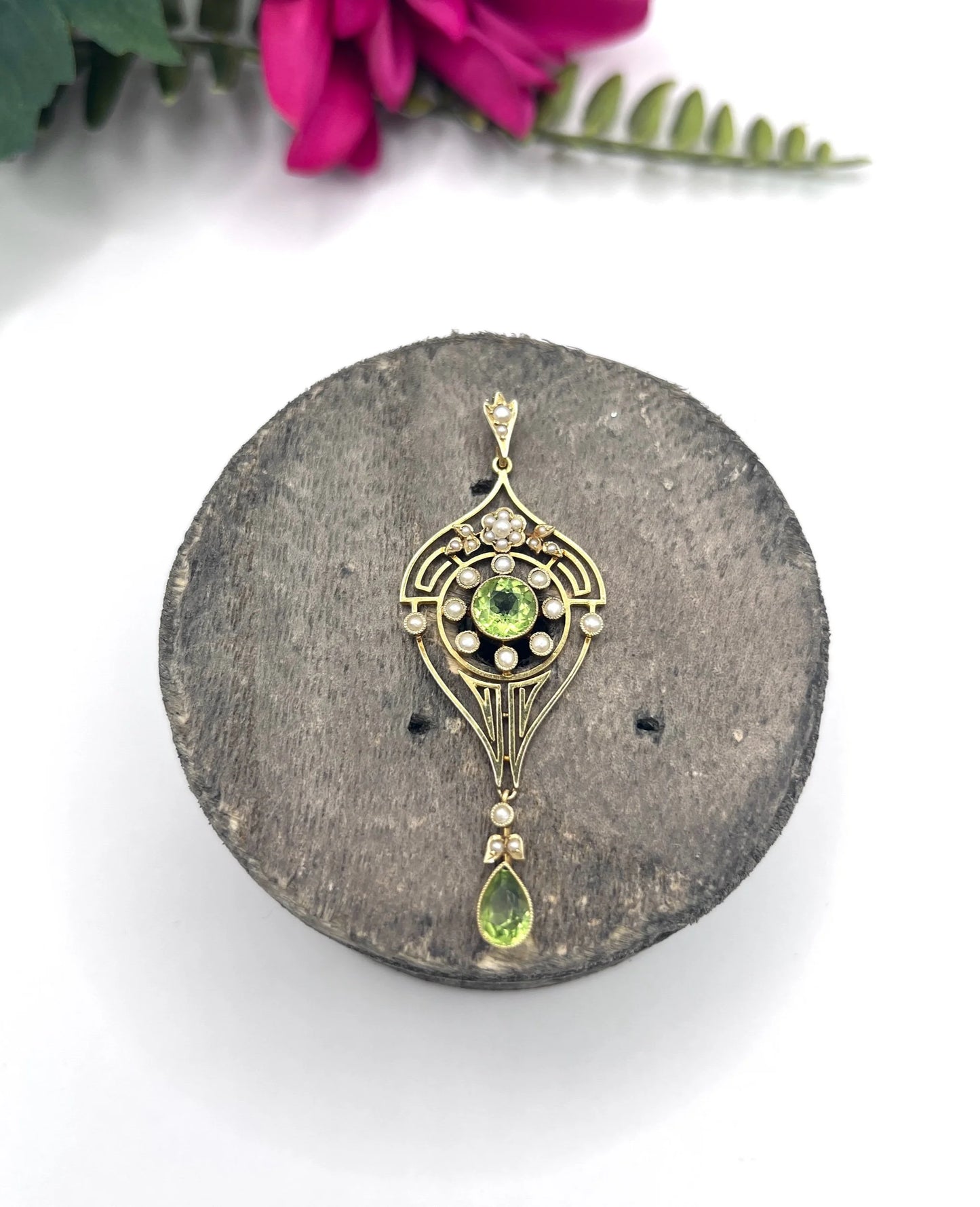 Antique 15 Carat Yellow Gold Peridot and Seed Pearl Drop Pendant, Circa 1910