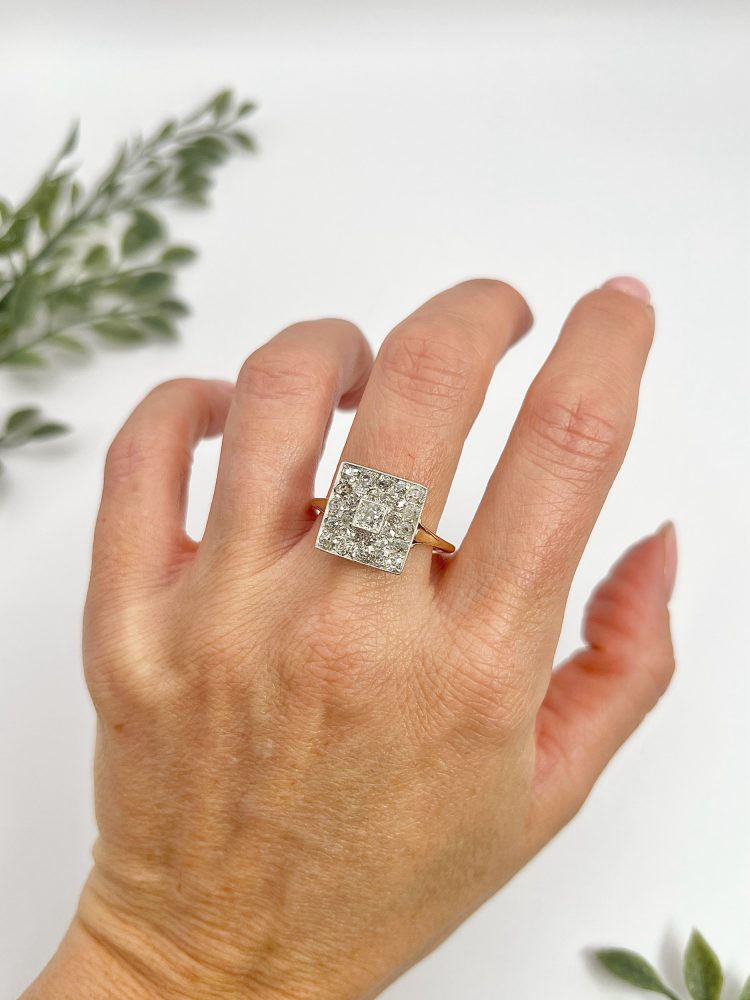 Edwardian Antique 2ct Old Cut Diamond Square Cluster Ring
