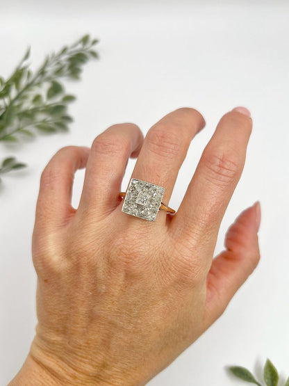Edwardian Antique 2ct Old Cut Diamond Square Cluster Ring