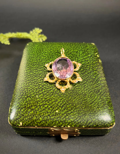 Antique 15 ct Yellow Gold, Edwardian Large Oval Faceted Amethyst And Seed Pearl Pendant