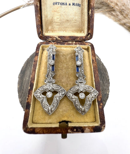 A pair of diamond and sapphire drop earrings, in an antique box