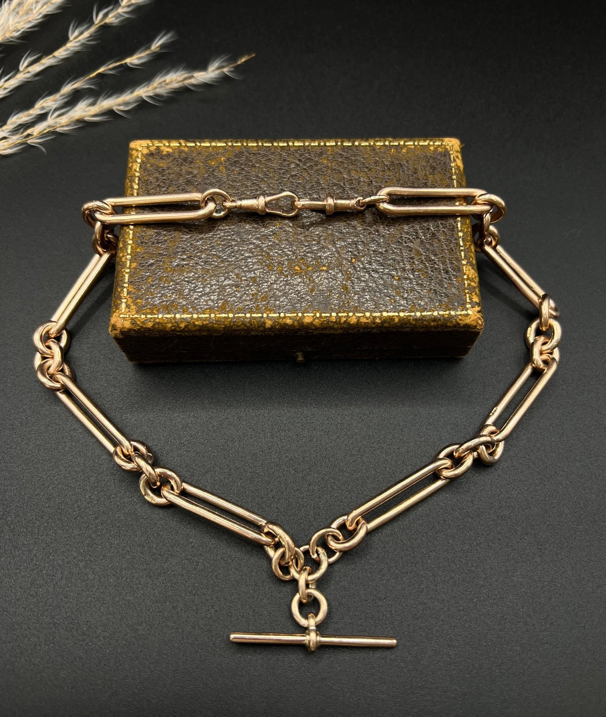 Antique 9ct Rose Gold Fetter Trombone Link Albert Chain Necklace