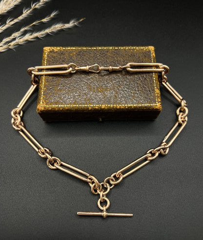 Antique 9ct Rose Gold Fetter Trombone Link Albert Chain Necklace