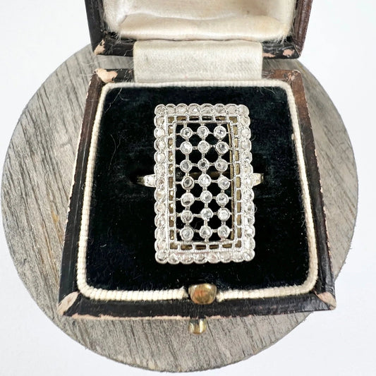 Antique 18ct Gold & Platinum, Edwardian Rectangular Diamond Plaque Ring