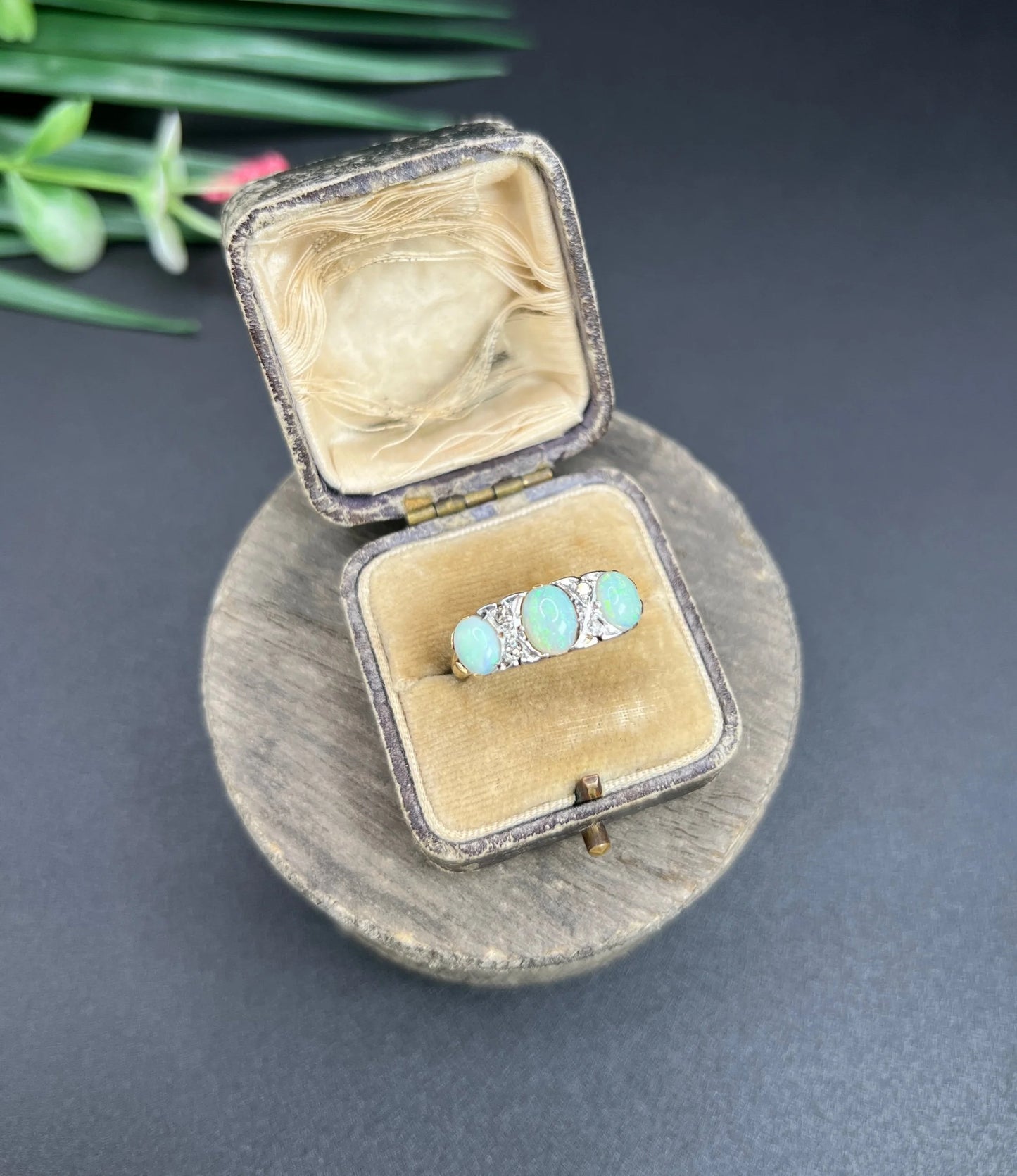 Antique 18 Carat Yellow Gold and Platinum Opal and Diamond Seven Stone Ring, Circa 1910