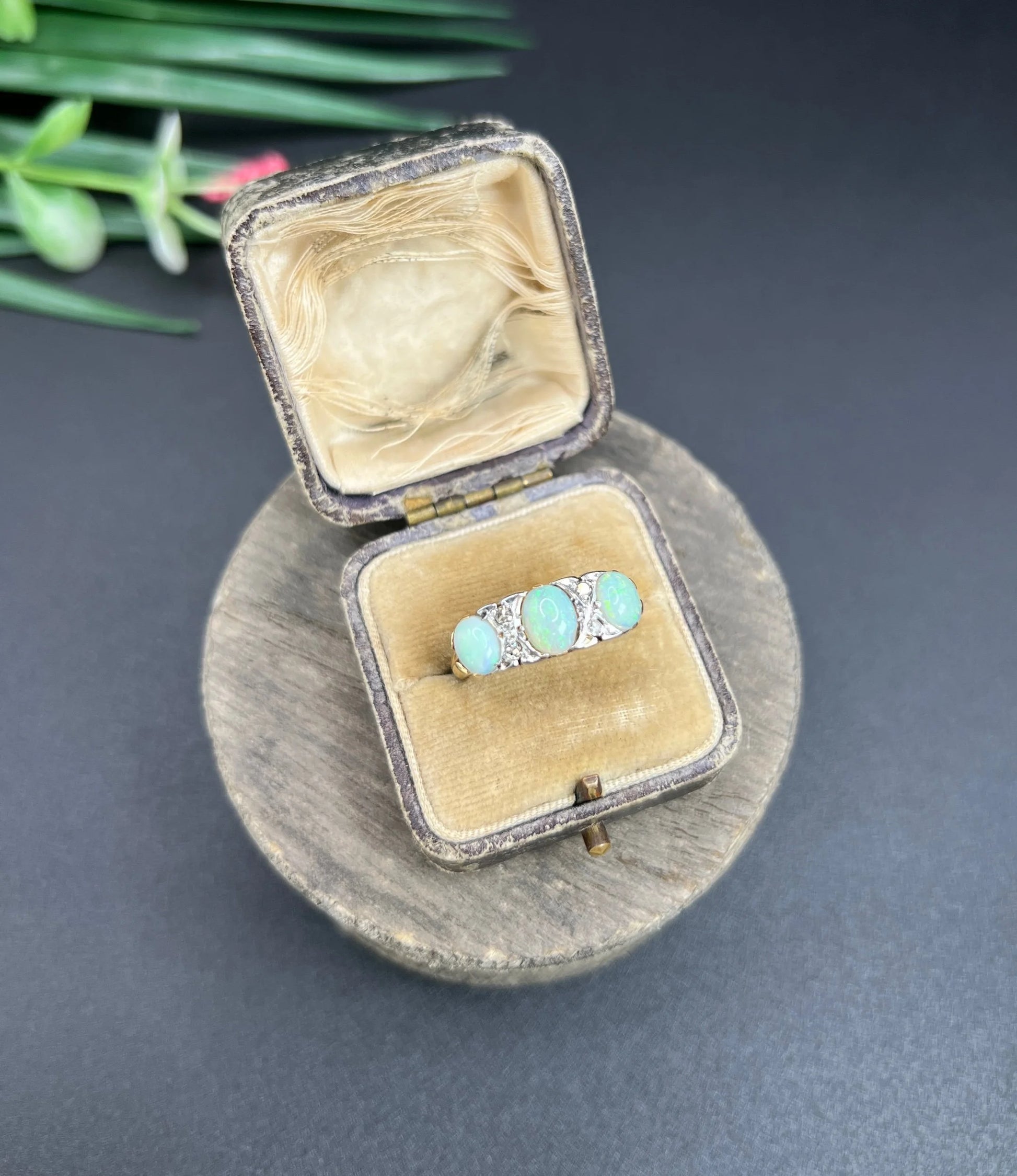 Antique 18 Carat Yellow Gold and Platinum Opal and Diamond Seven Stone Ring, Circa 1910