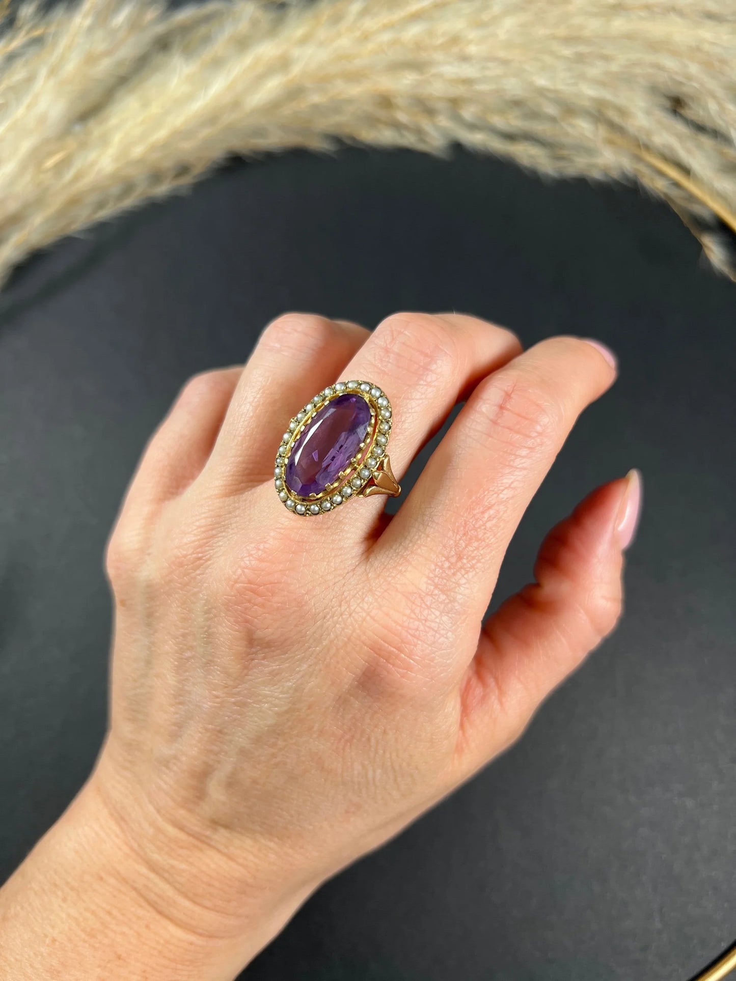 Vintage 9ct Gold, Hallmarked London 1966, Large Faceted Amethyst & Seed Pearl Cocktail Ring