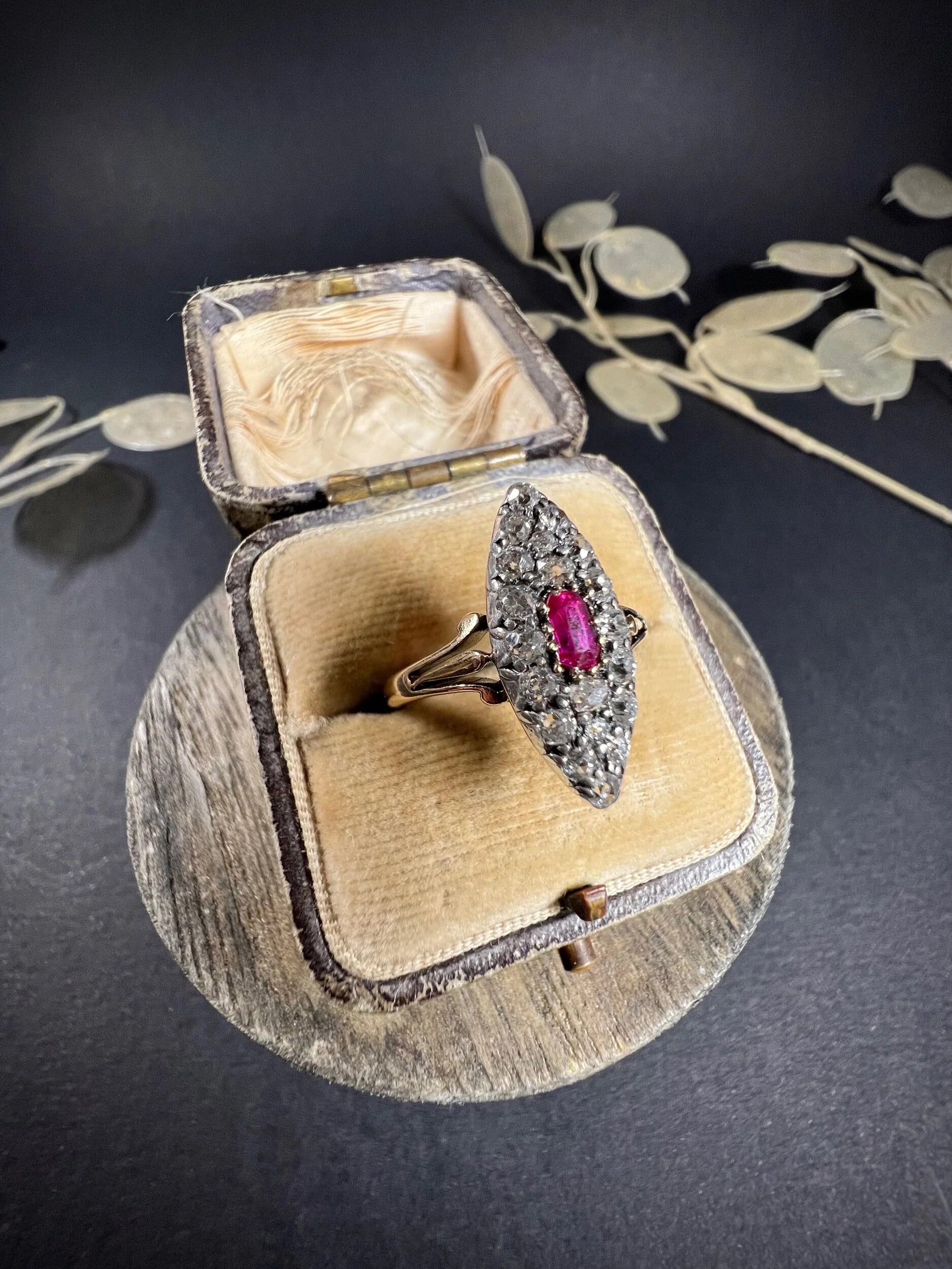 Antique Victorian 18 ct Gold Ruby And Diamond Marquise Ring