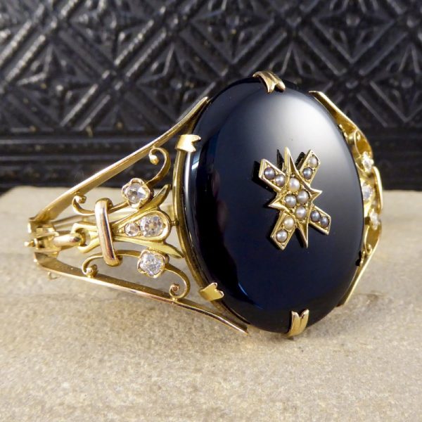 Antique Victorian Onyx, Pearl and Old Cut Diamond Gold Bangle