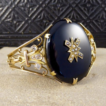 Antique Victorian Onyx, Pearl and Old Cut Diamond Gold Bangle