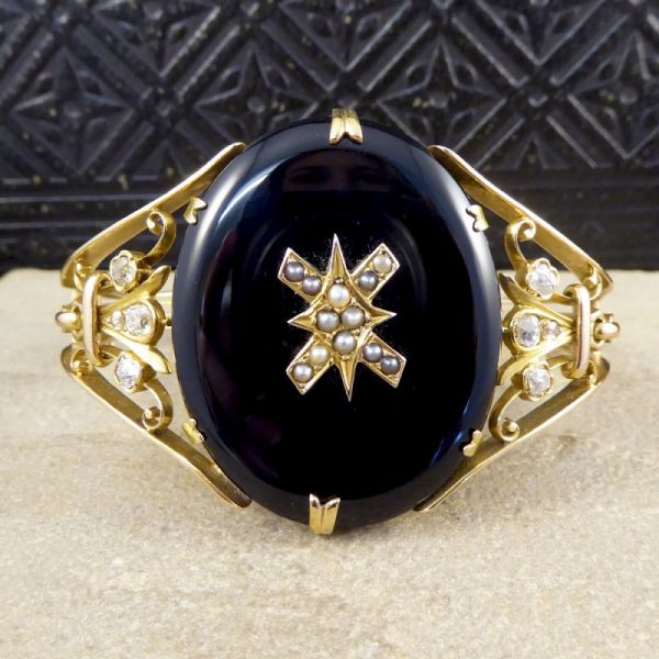 Antique Victorian Onyx, Pearl and Old Cut Diamond Gold Bangle