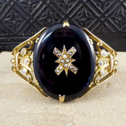 Antique Victorian Onyx, Pearl and Old Cut Diamond Gold Bangle