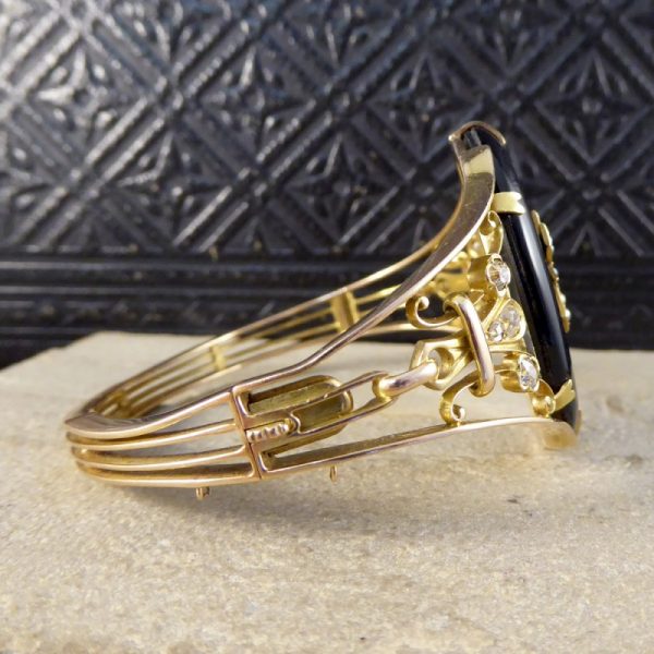 Antique Victorian Onyx, Pearl and Old Cut Diamond Gold Bangle