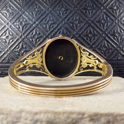 Antique Victorian Onyx, Pearl and Old Cut Diamond Gold Bangle