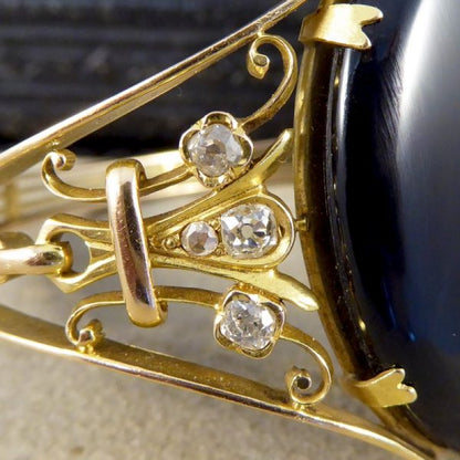 Antique Victorian Onyx, Pearl and Old Cut Diamond Gold Bangle