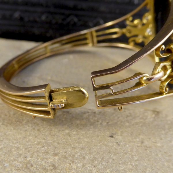 Antique Victorian Onyx, Pearl and Old Cut Diamond Gold Bangle