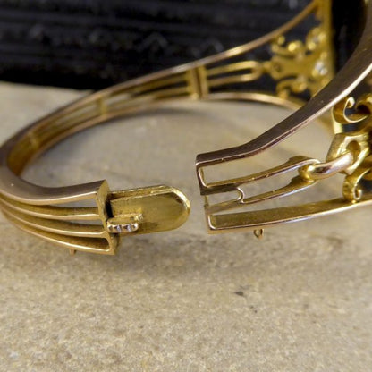 Antique Victorian Onyx, Pearl and Old Cut Diamond Gold Bangle