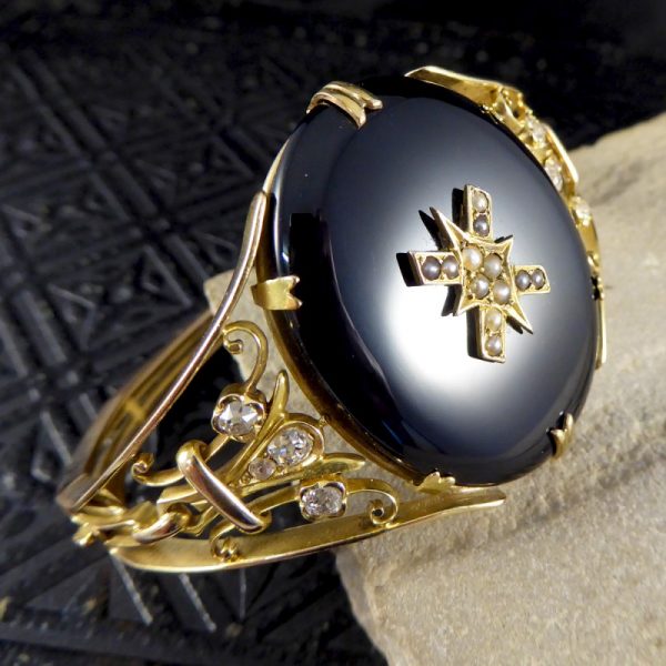 Antique Victorian Onyx, Pearl and Old Cut Diamond Gold Bangle