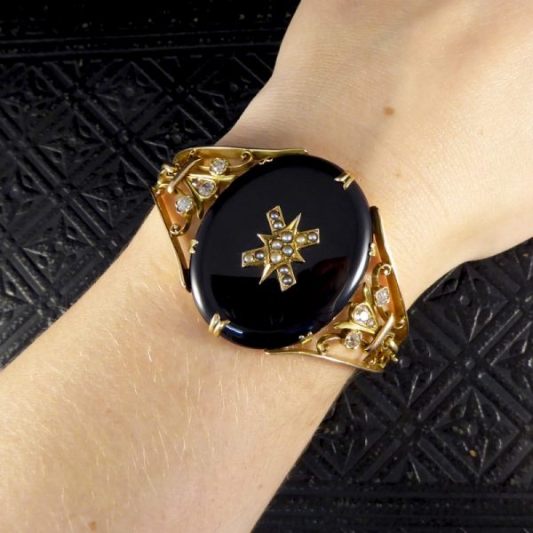 Antique Victorian Onyx, Pearl and Old Cut Diamond Gold Bangle