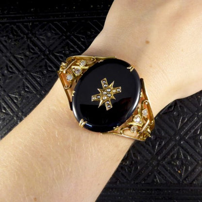 Antique Victorian Onyx, Pearl and Old Cut Diamond Gold Bangle