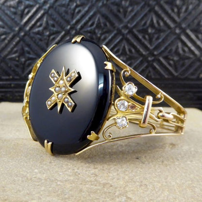 Antique Victorian Onyx, Pearl and Old Cut Diamond Gold Bangle
