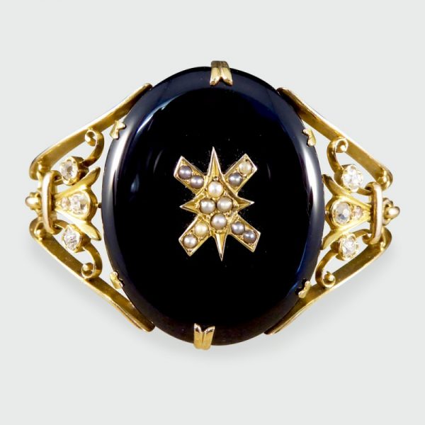 Antique Victorian Onyx, Pearl and Old Cut Diamond Gold Bangle