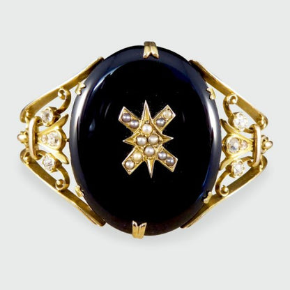 Antique Victorian Onyx, Pearl and Old Cut Diamond Gold Bangle