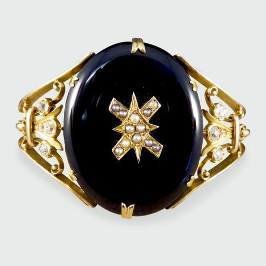Antique Victorian Onyx, Pearl and Old Cut Diamond Gold Bangle
