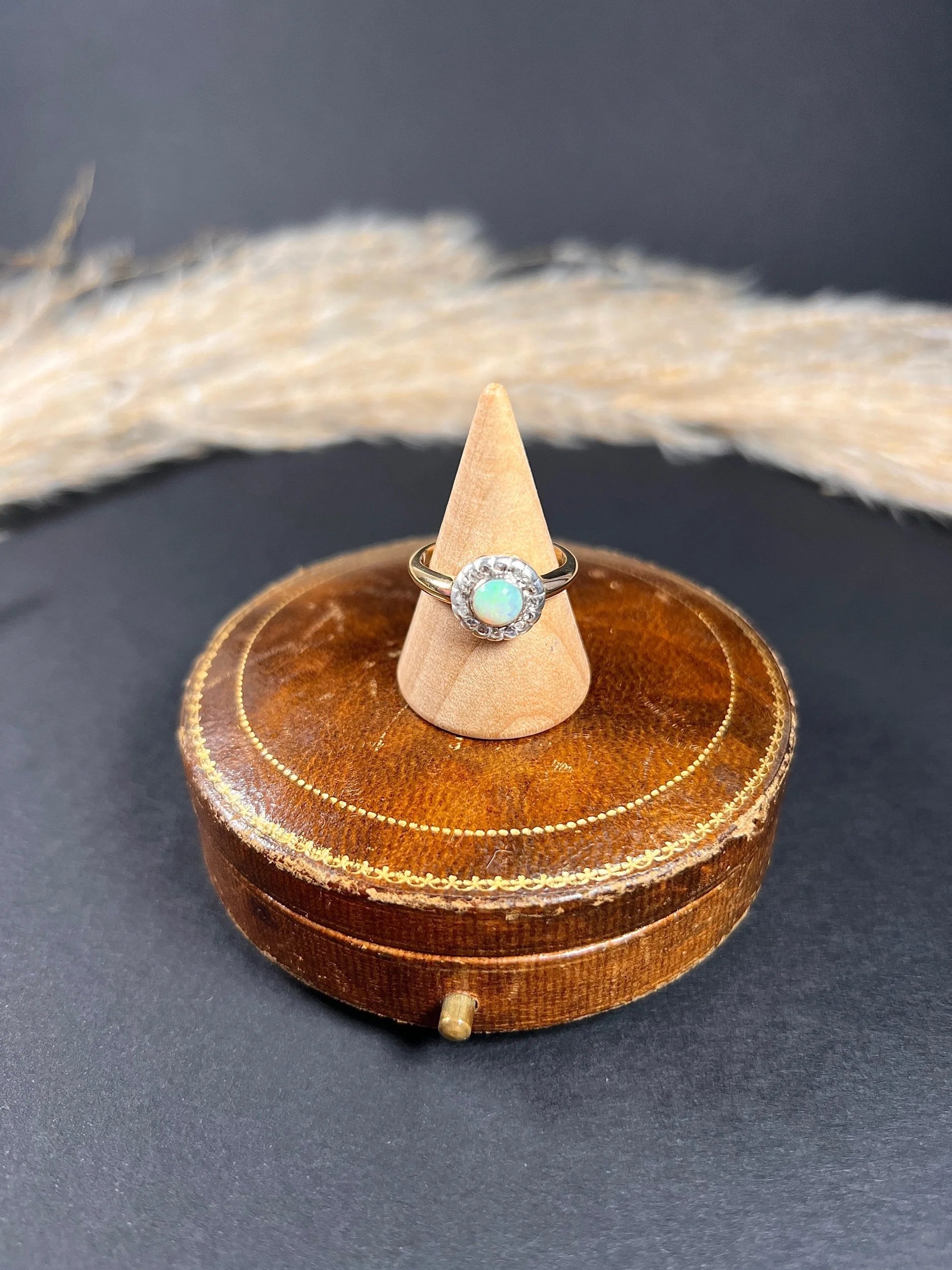 Antique 18 ct Yellow Gold, Early Victorian Opal And Diamond Halo Ring
