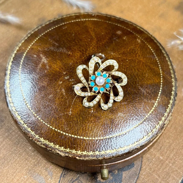 Antique 15ct Gold Edwardian Pearl & Turquoise Flower Pendant/Brooch