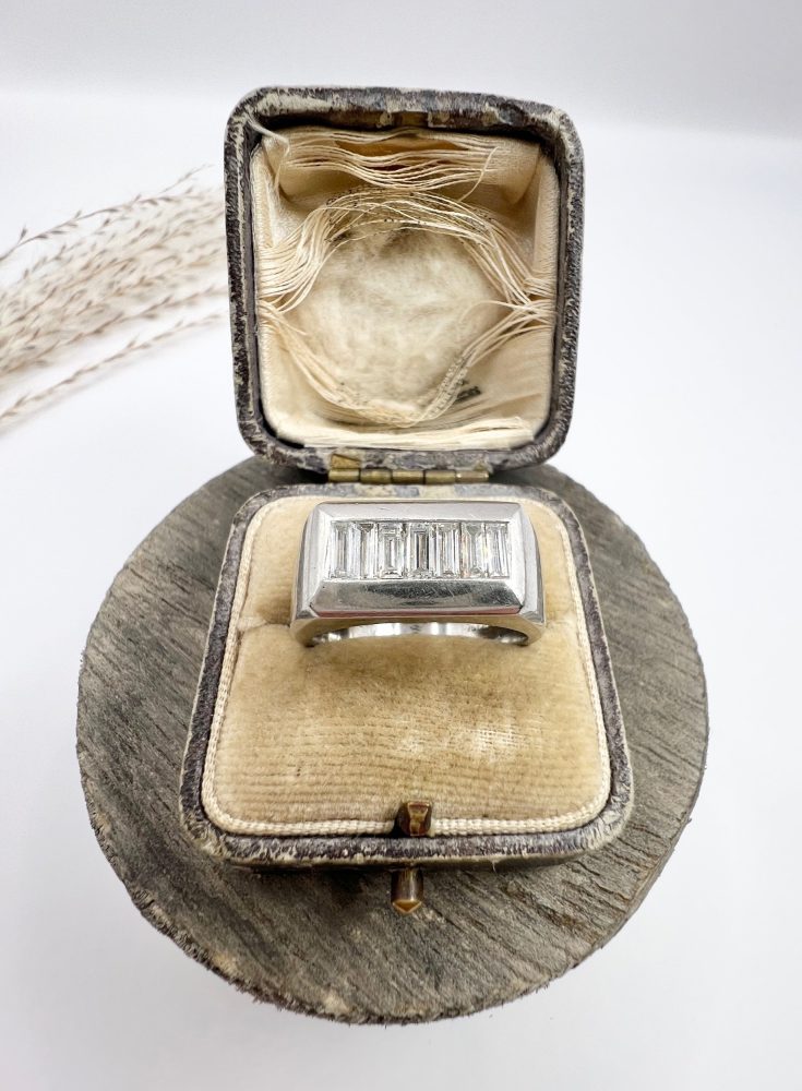 Vintage Diamond Cocktail Tank Ring In Platinum