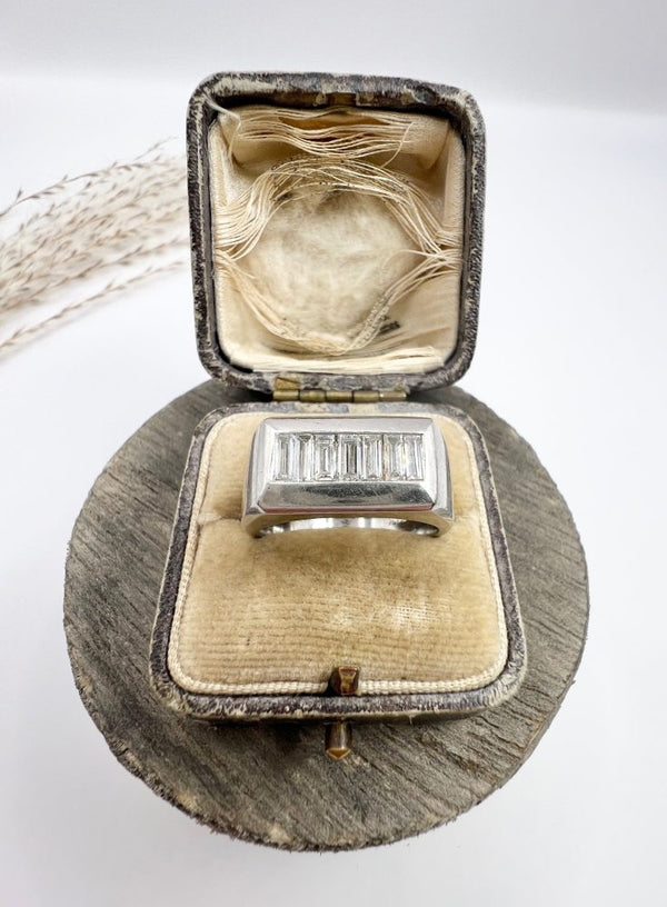 Vintage Diamond Cocktail Tank Ring In Platinum