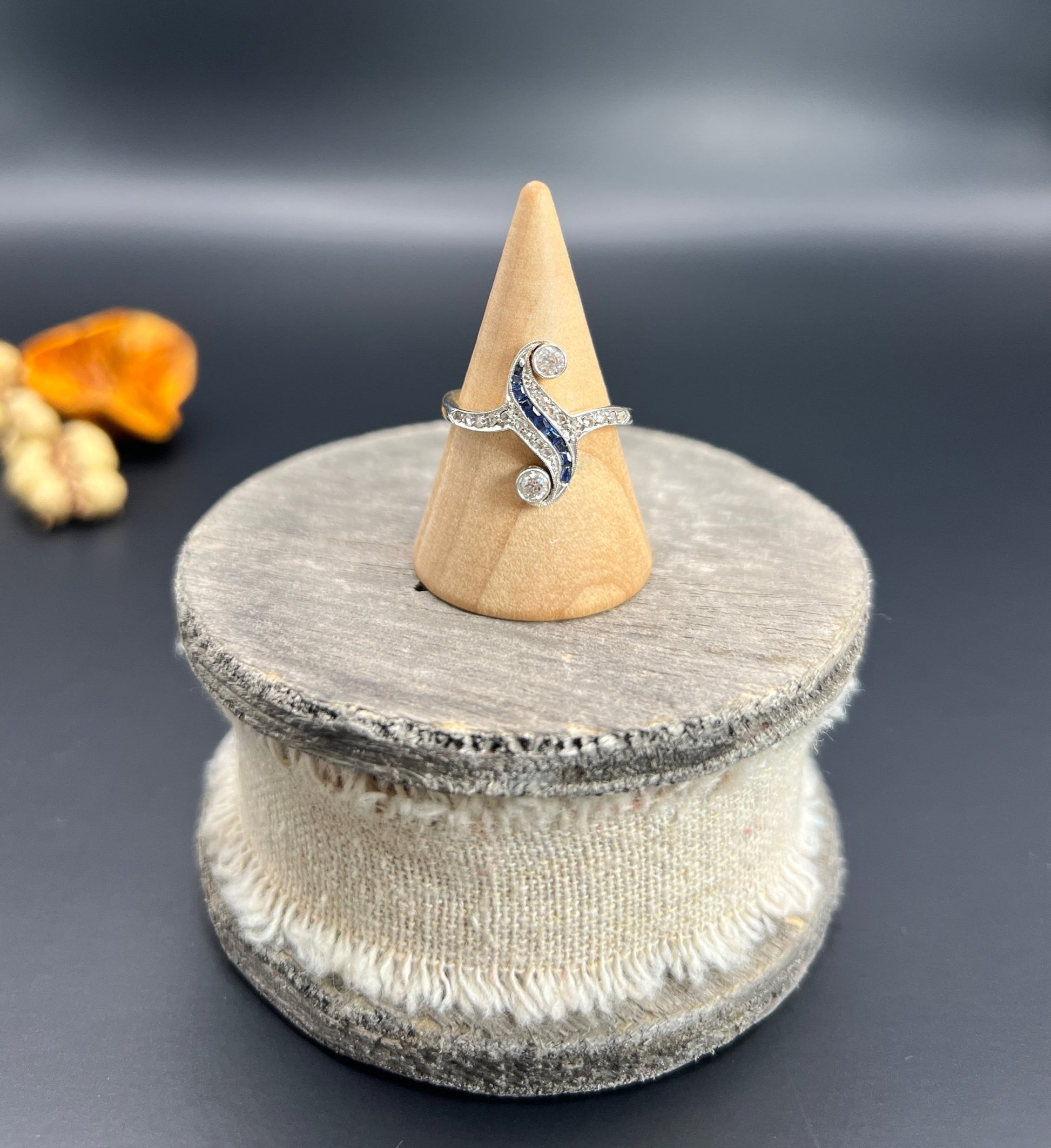 Antique Art Deco 18 Carat Gold And Platinum Sapphire Diamond Swirl Ring