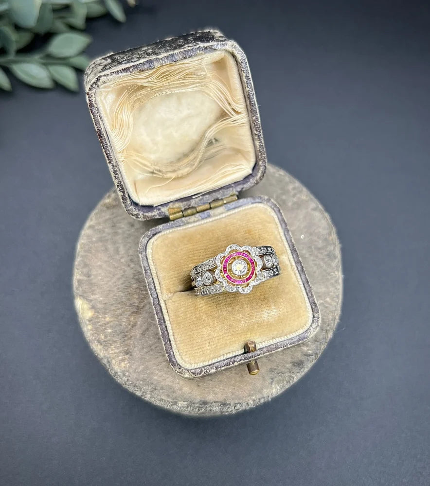 Antique 18 Carat Yellow Gold And Platinum Cocktail Ring With Diamonds And Rubies