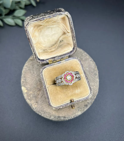 Antique 18 Carat Yellow Gold And Platinum Cocktail Ring With Diamonds And Rubies