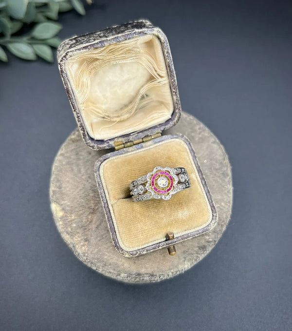 Antique 18 Carat Yellow Gold And Platinum Cocktail Ring With Diamonds And Rubies