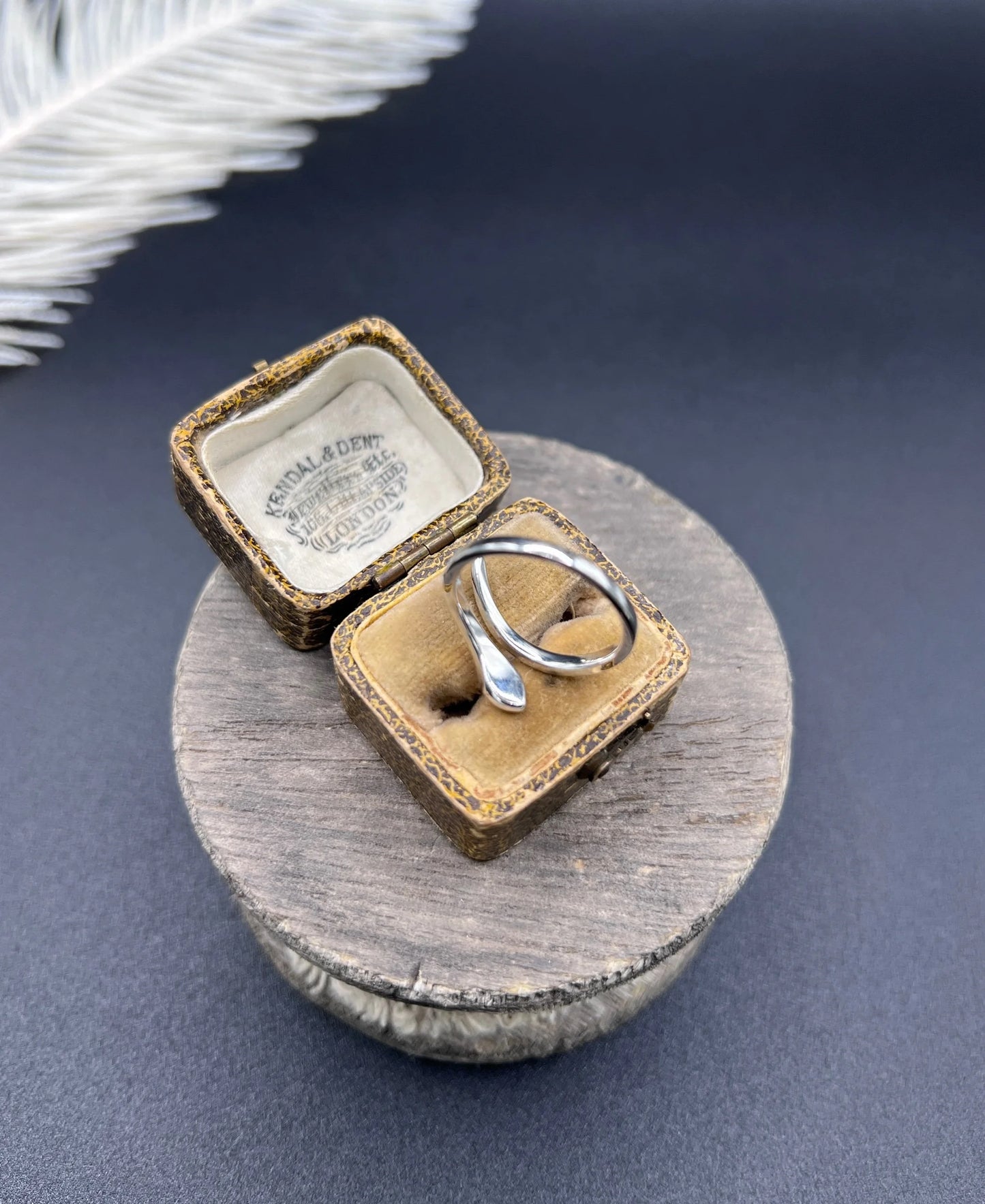 A white gold snake ring set with diamonds and with ruby eyes, in an antique ring box
