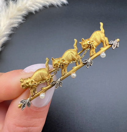 Antique 18 Carat Yellow Gold Diamond and Seed Pearl Cat Brooch, Circa 1910