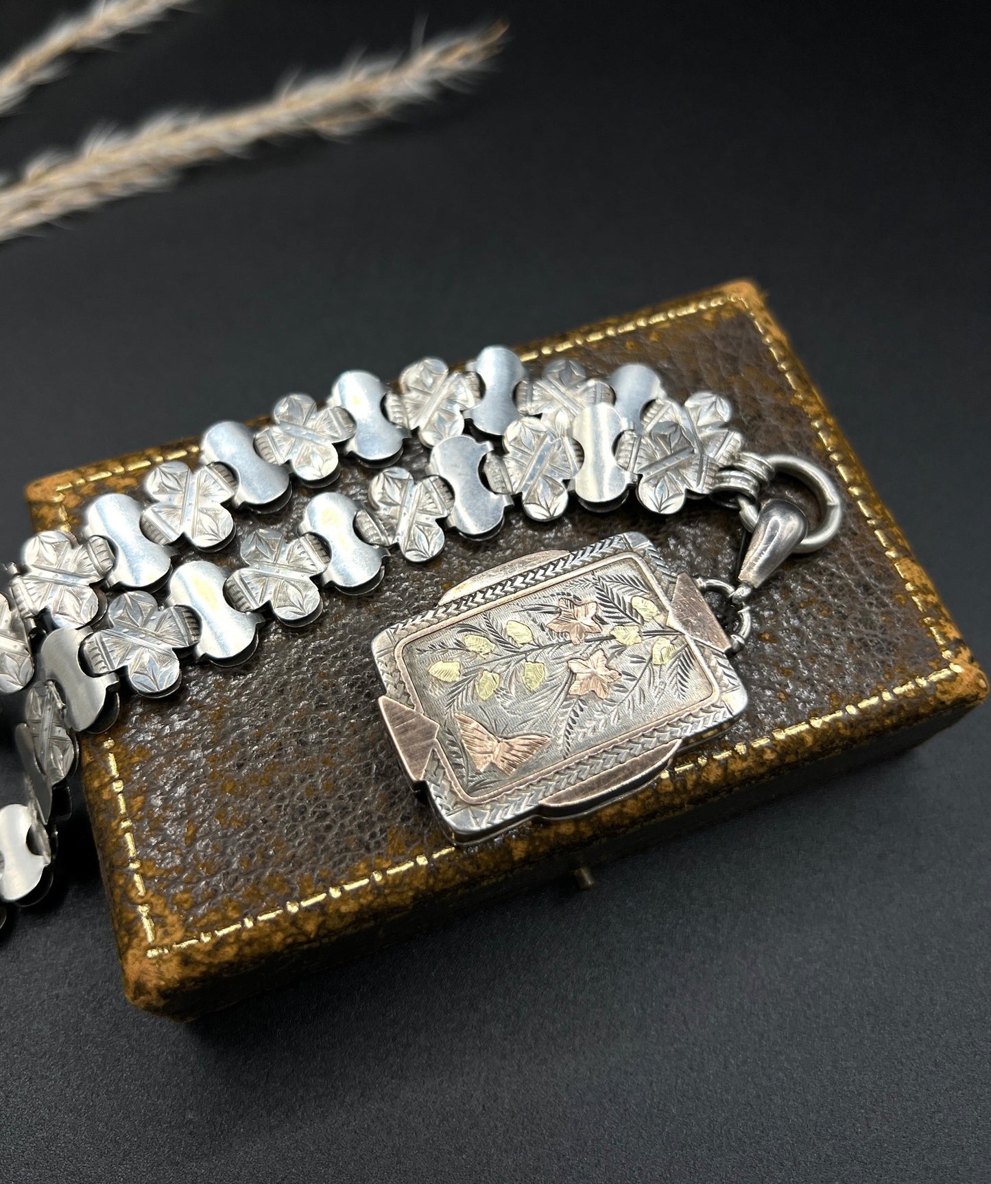 Victorian Sterling Silver Book Chain Necklace with Silver and Gold Inlaid Butterfly Locket